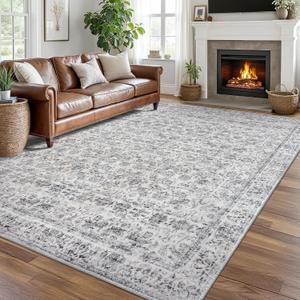 8x10 Area Rugs for Living Room, Machine Washable Large Grey Blue White Area Rug Non-Slip, Ultra Soft Vintage Floral Tribal Traditional Farmhouse Carpet for Dining Room Bedroom Home Dcor