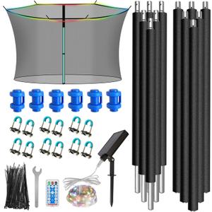 6PCS Trampoline Replacement Poles and 14FT Enclosure Net with Solar Light, Universal Trampoline Replacement Net and Enclosure Pole with Caps & Hardware, Fits 14FT Round Frame with 6 Straight Pole