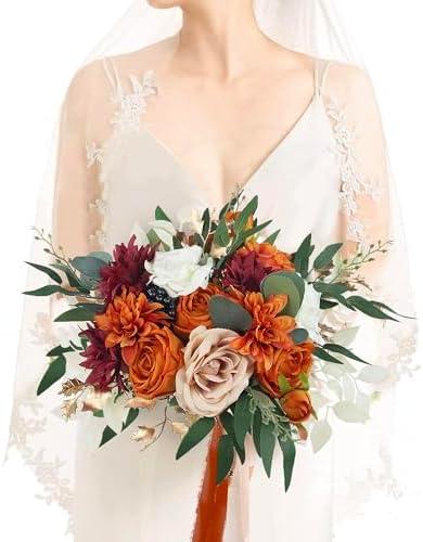 Rinlong 12.5 Inch Burnt Orange Wedding Bouquets for Bride, Terracotta Boho Silk Flowers for Fall Ceremony, Ready to Use Premade Lifelike Artificial Florals for Destination Wedding