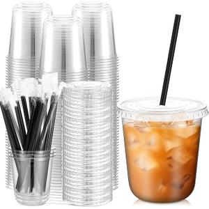Ziliny 100 Set 12 oz Clear Plastic Cups with Lids and Straws, Disposable Iced Coffee PET Cups for Drinking Cold Beverage Juice Parfait Smoothie Milkshake Coffee Shops Party Supplies