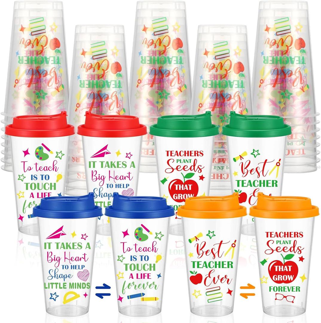 12 Set Teacher Appreciation Cups Bulk 16 oz Clear Teacher Plastic Coffee Cups with Strawless Sip Lids Thank You Double-sided Inspirational Tumbler Gift for End of Year Graduation Party Favor Supplies