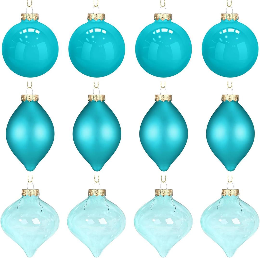 Zomiboo 12 Pcs Turquoise Green Glass Christmas Ball Ornaments Set 3.15" Hanging Shatterproof Glass Bulbs for Christmas Tree Baubles Bulk for Holiday Xmas Tree Decorations Gifts