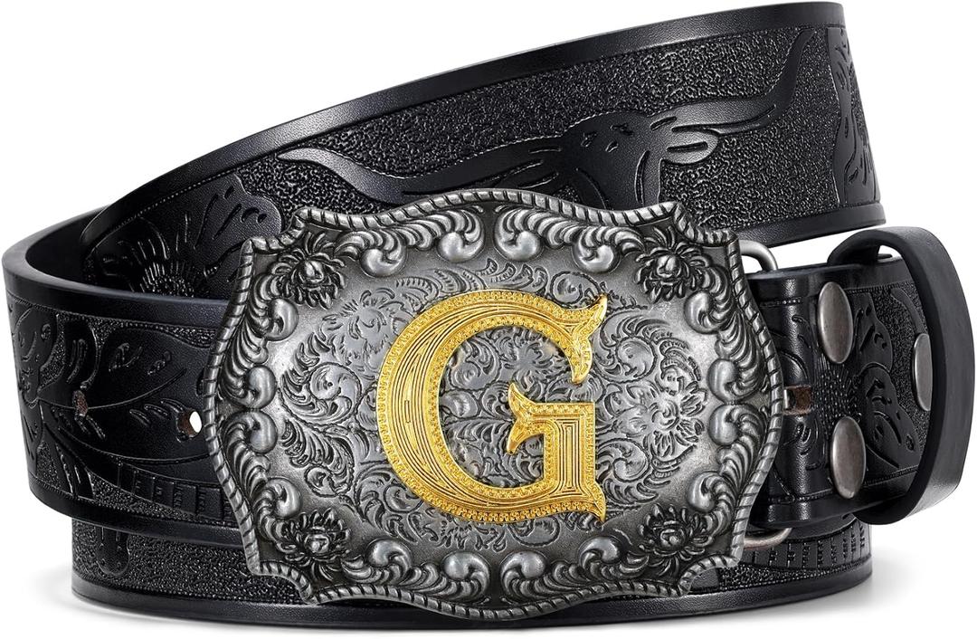 TRIWORKS Cowboy Belt for Men Women Western Belt Initial Letter A to Z Buckle with Engraved Cowboy Leather Belt (Fit Waist Size 34"-38")