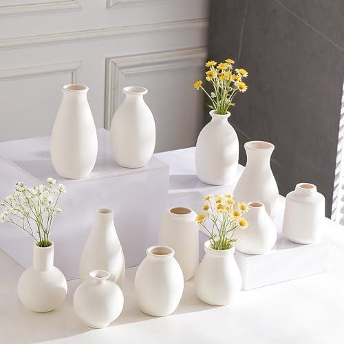 Tenforie White Bud Vases Set of 12, Small Ceramic Vase in Bulk, Mini Pottery Vases for Pampas Grass Clay Vase for Wedding Table Centerpieces Decoration Modern Boho Rustic Home Decor DIY Gift