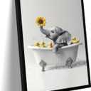 Ovczax Framed Funny Black And White Bathroom Wall Painting Elephant And Duck In Bathtub Cute Animals Kids Room Decor Canvas Print Decor 8" L x 10" WWith Black Wooden Frame