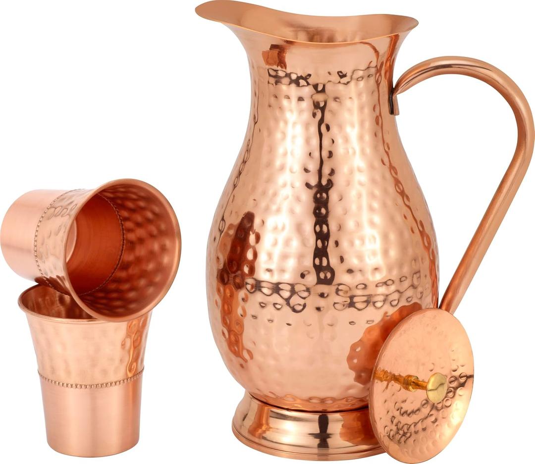 Ayurvedic Copper Pitcher Large 70 oz (2000 ml) with 2 Stylish Tumblers – Pure Copper Water Jug Set, Leakproof, Durable, Health-Supporting & Premium Quality