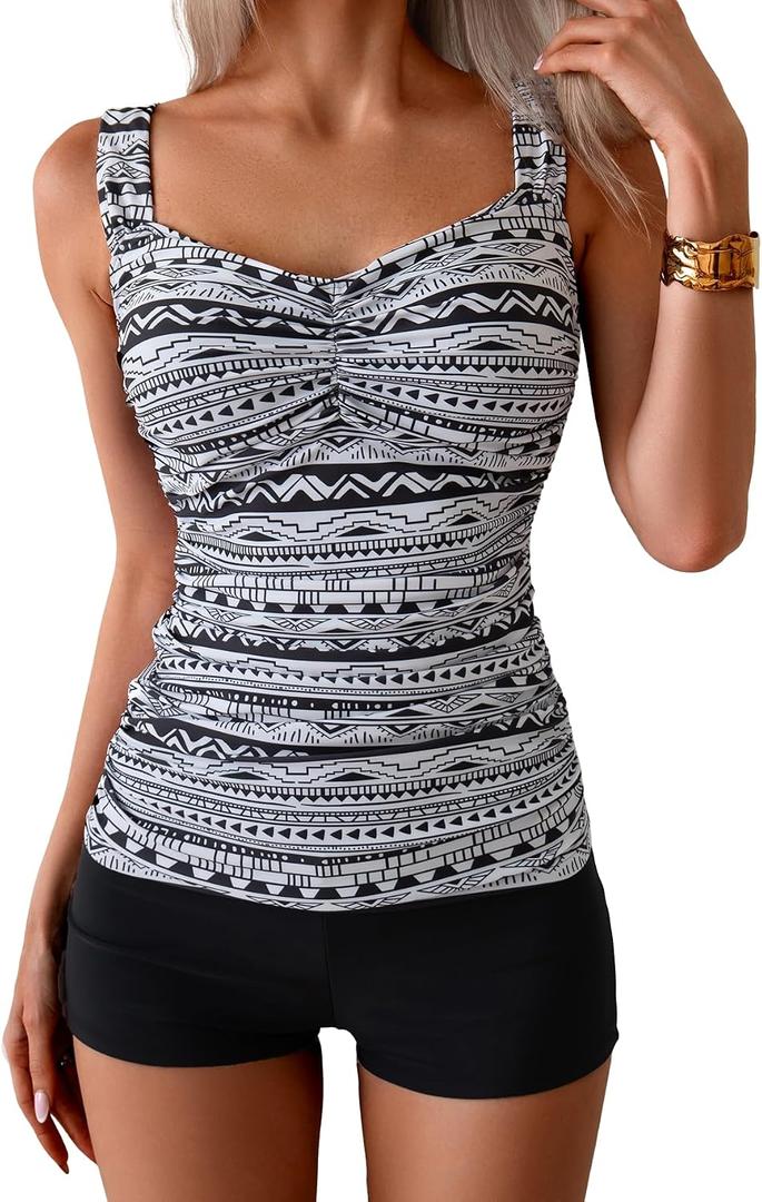 B2prity Women's Tankini Swimsuit Tummy Control Ruched Two Piece Bathing Suit Push Up Modest Swim Suits with Shorts, 2XL