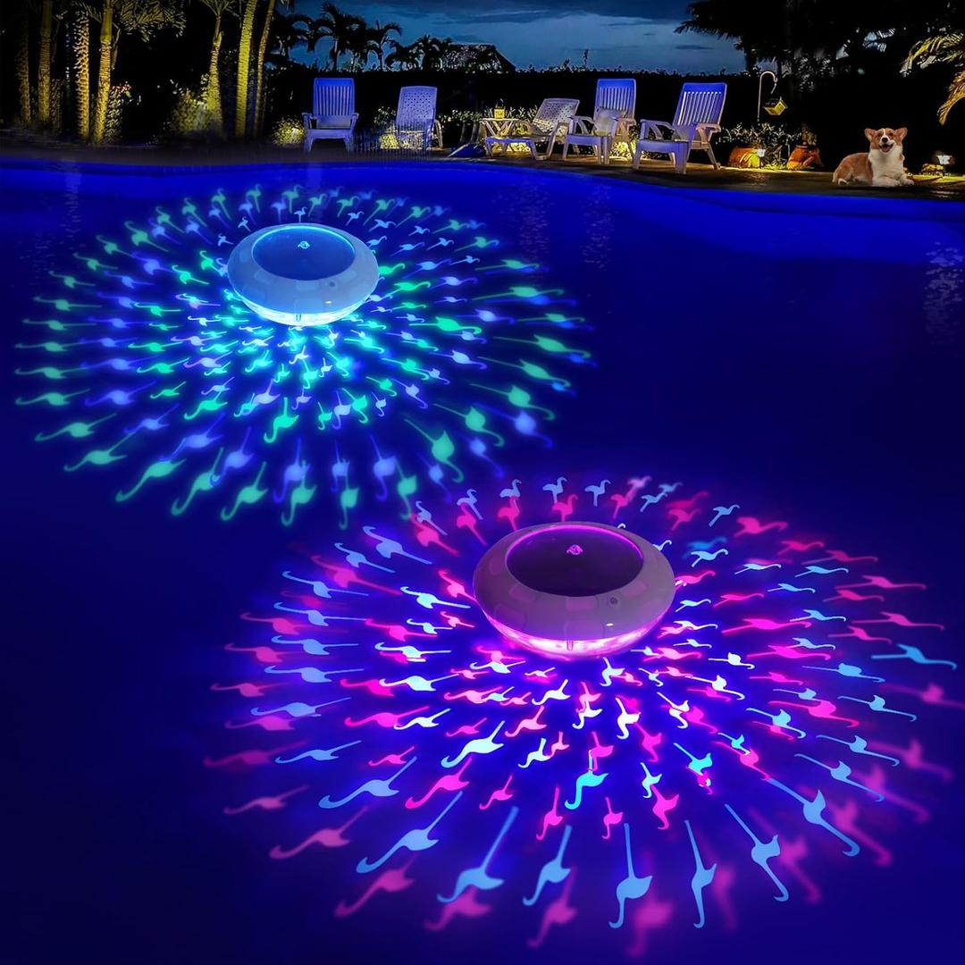 Solar Floating Pool Lights Flamingo Dynamic Lighting Effect, RGB Color Changing Auto Glow Flamingo Pool Light That Float, IP68 Waterproof Hangable Floating Lights for Pools Party Decor - 2PCS