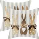 CXMEIFLY Easter Pillow Covers 18x18 Inch Set of 2 for Vintage Grey Stripes Bunny Decor Throw Pillows Spring Bow Rabbit Outdoor Farmhouse Decorative Cushion Cases for Couch Bed Decoration