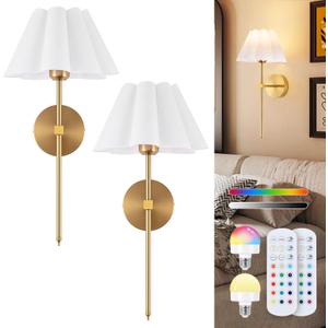 Battery Operated Wall Sconces Sets of 2, Indoor not Hardwired White Fabric lampshade Fixtures,Rechargeable Wireless 10 Colors Wall Lights with Dimmable Remote Control (20 inches)