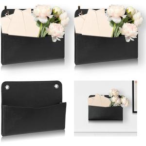 3 PCS Wall Mount PU Leather Mail Holder Black Faux Leather Letter Holder 2 Ring Wall Mail Organizer Stylish Wall Hanging Mail Storage for Flowers Envelope Key Notebooks Home Office Decor