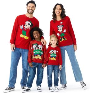 Disney family matching sweatshirt Stitch Mickey Spiderman print long sleeve winter Christmas mom dad kids loose fit red (Red)