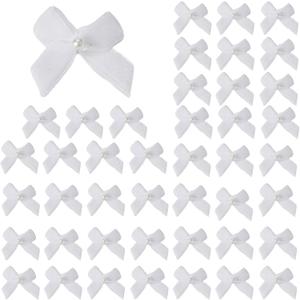 60pcs Mini Velevt Ribbon Bows 1 Inch with Pearl Ribbon Flowers Appliques DIY Craft for Sewing, Scrapbooking, Wedding, Gift,Christmas Decoration(White)