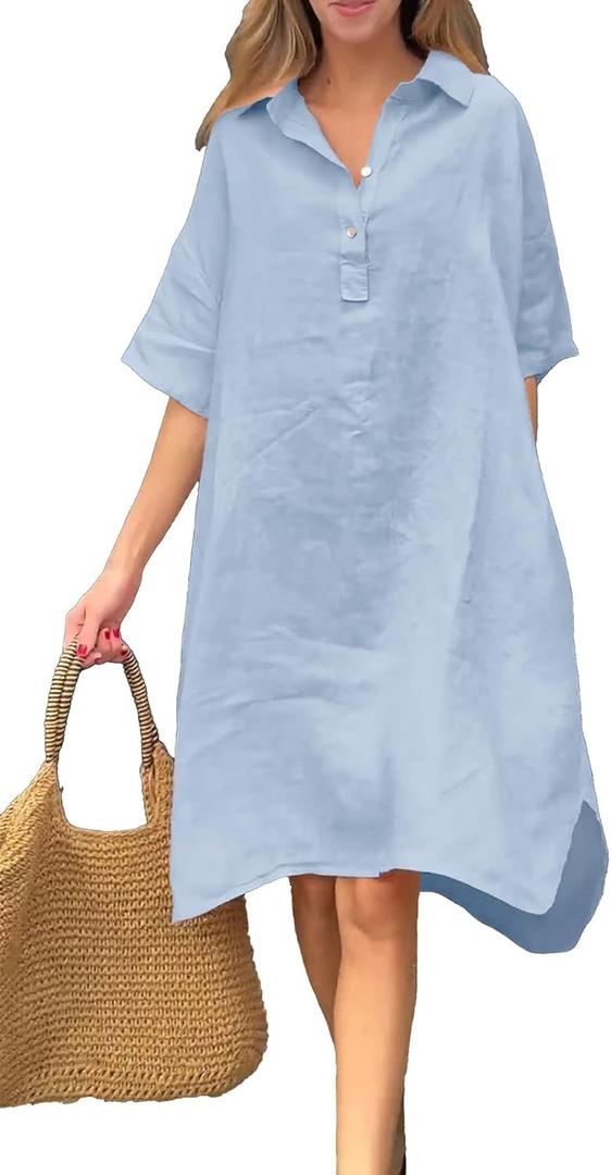 Chouyatou Women's Summer Casual Linen Beach Tunic Dress Loose High Low Midi Long Polo T Shirt Dress (Blue) Small