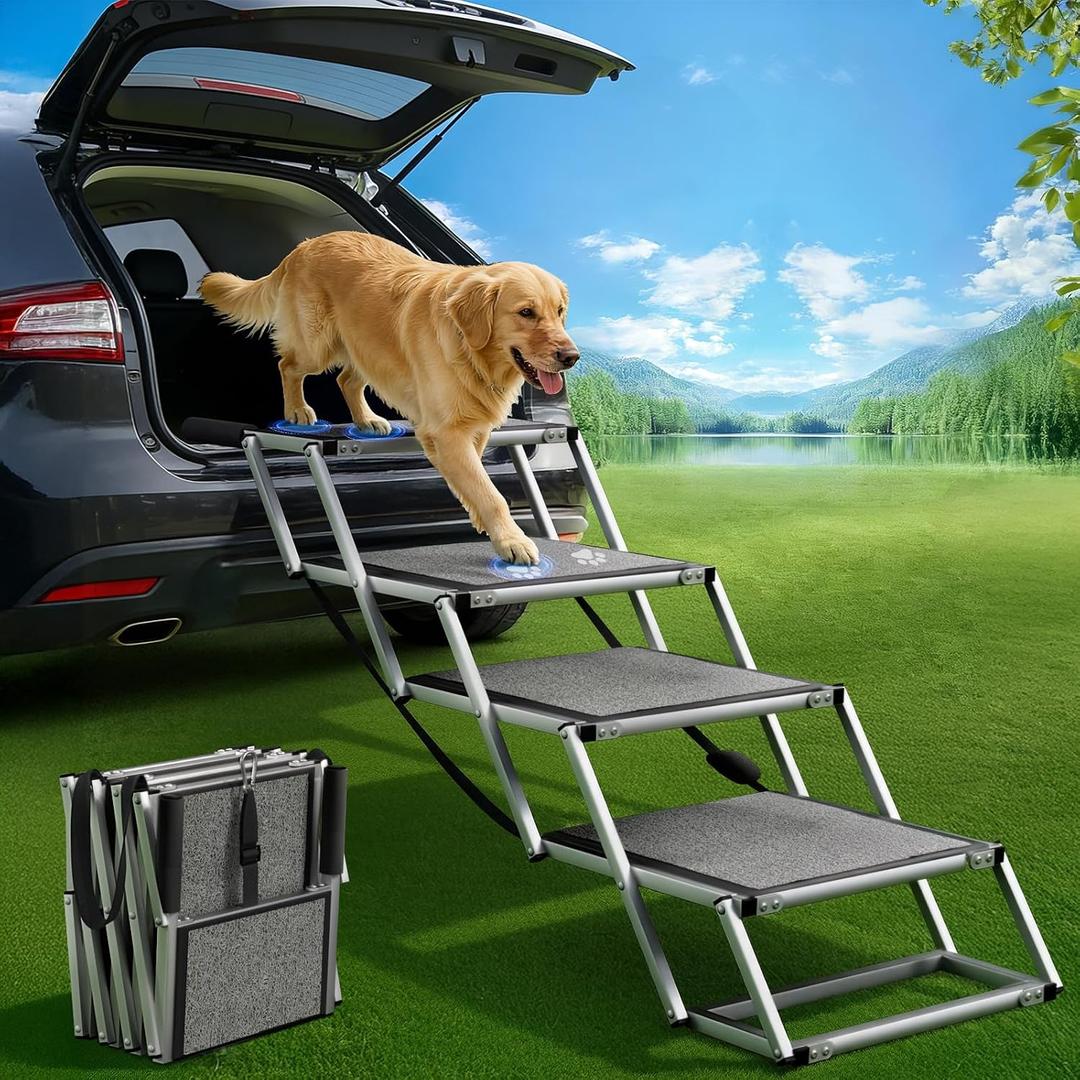 Dog Stairs for Large Dogs, '' Foldable Dog Ramp for Car, SUV & Truck, Non-Slip DogSteps for High Beds, 4-Step Aluminum Frame, Supports up to 250 lbs