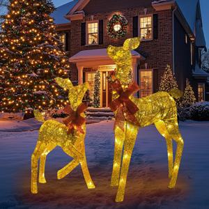Christmas Decorations 38-inch Christmas Reindeer Decor Set Includes Two Reindeer: a Champagne Gold Female Deer and a Fawn with a Bow. Perfect for Outdoor Lawn displays and Holiday Arrangements.