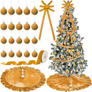24 Pcs Velvet Christmas Tree Decorations Set Velvet Christmas Tree Skirt Bow Topper Xmas Ball Ornaments Ribbon LED Light for Xmas Holiday Party Wreath Decoration (Gold)