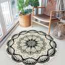 Uphome Round Rug 3ft Black Mandala Boho Rug with Pom Pom Fringe Non-Slip Washable Circle Bath Mat Soft Cute Blooming Medallion Throw Rug for Entryway Bedroom Powder Living Room Nursery
