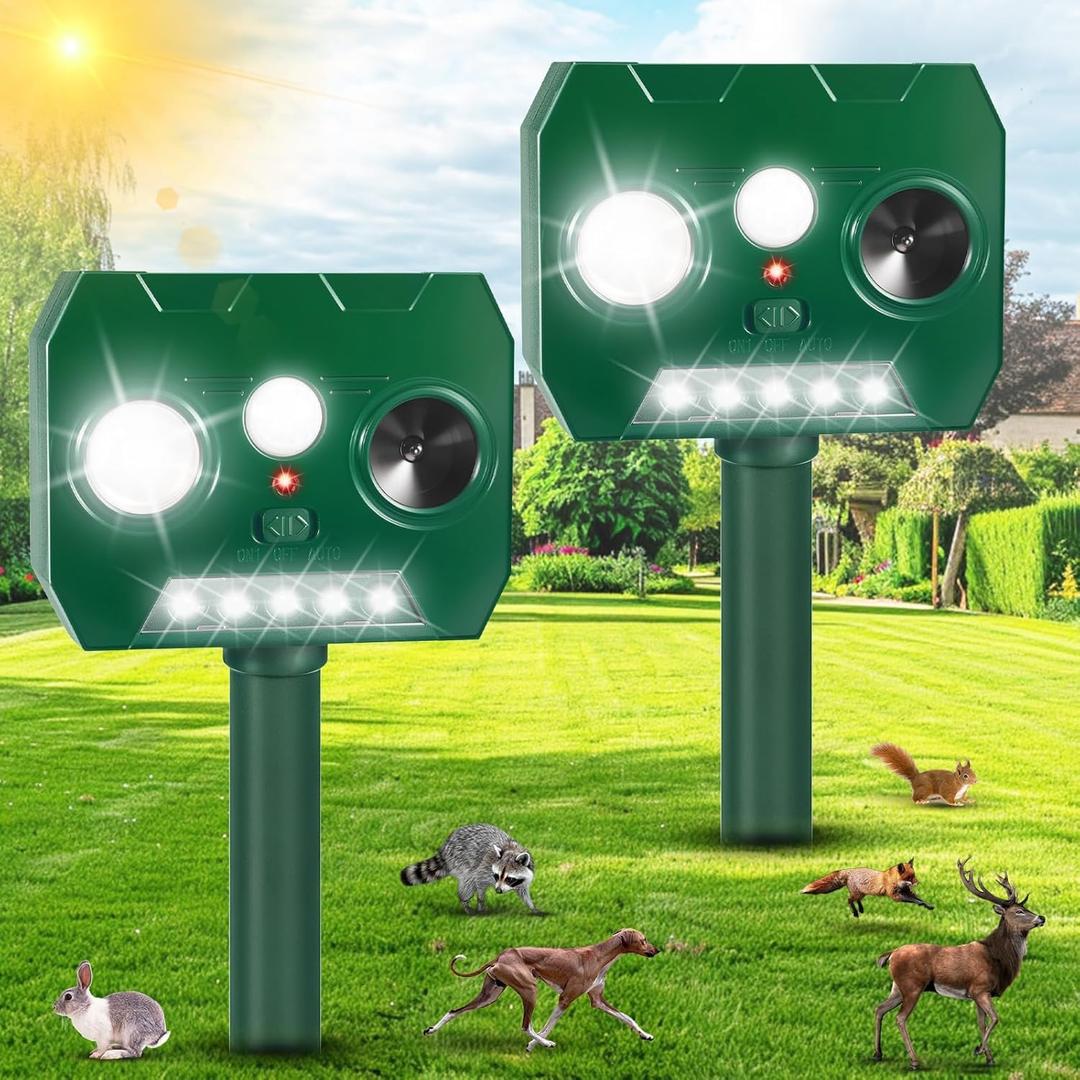 Ultrasonic Animal Repellent Outdoor, Deer, Raccoon & Skunk Deterrent, Motion Sensor Pest Repeller with LED Flashing Light Weatherproof Cat & Dog Scaring Device for Lawn and Orchard, 2 Pack