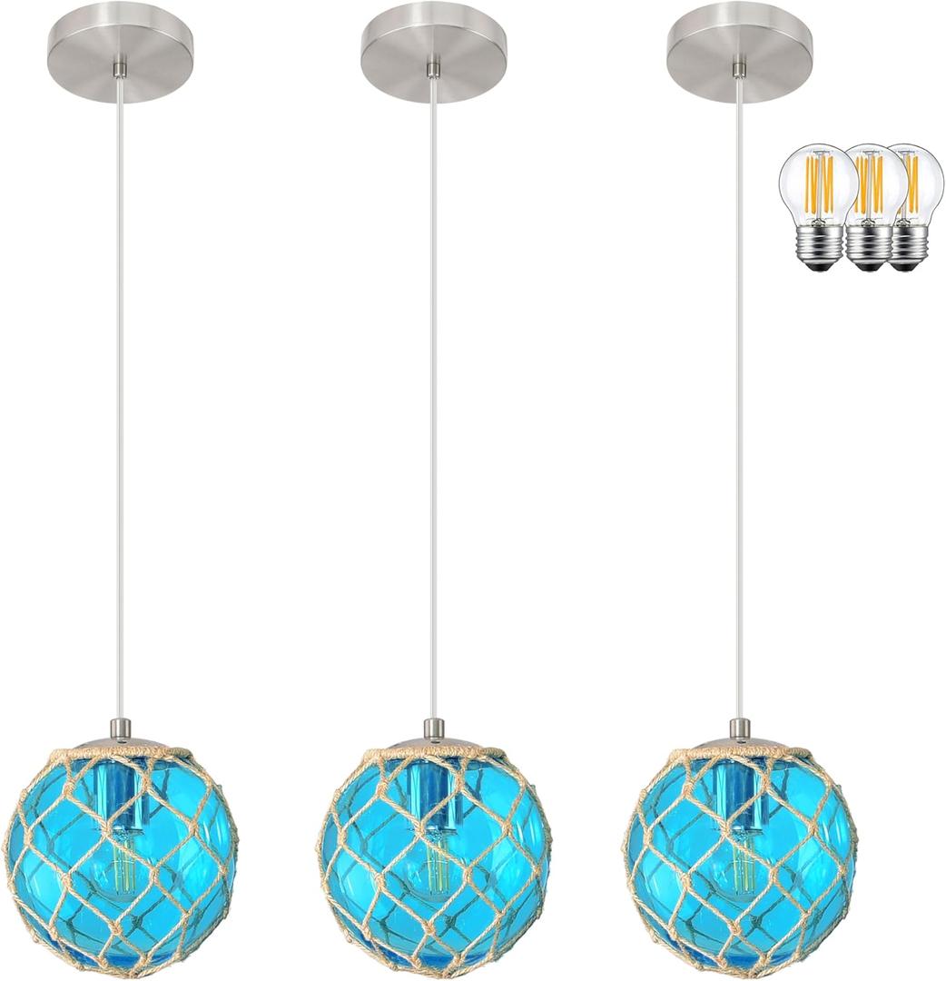 3 Pack 6" Blue Coastal Pendant Light Kitchen Island,Glass Globe Ocean Ceiling Light Fixture Beach House,Dimmable Hemp Rope Light Fixture Hanging For Bathroom Living Room Farmhouse Bedroom(Bulb Incl.