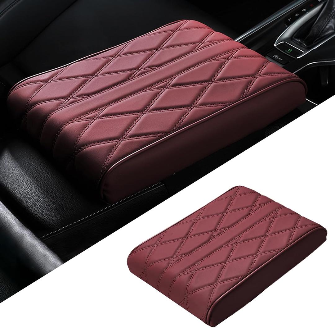 Car Center Console Armrest Cover, Leather Vehicle Middle Armrest Protection Pillow, Comfortable Auto Arm Rest Box Cushion Mat, Universal for SUV Sedan Van (Red)