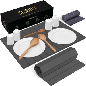 Large Stone Drying Mat for Kitchen Counter | 24"x16" | Fast Drying Collapsible Diatomaceous-Earth Mat | Super Absorbent Folding Mat for Dishes, Bottles, Glass, Heat-Resistant, Non-Slip (Dark Gray)