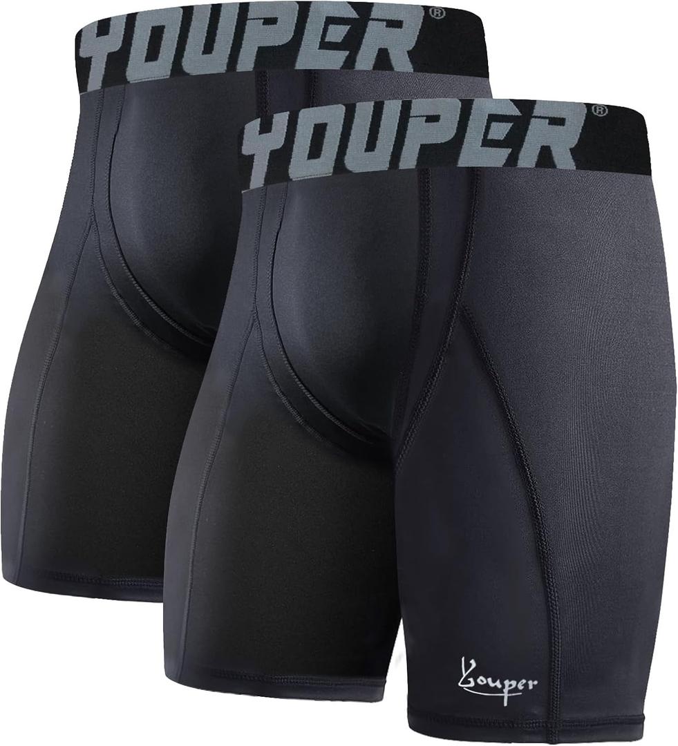 Youper 2-Pack Adult Compression Shorts w/Cup Pocket, Men's Athletic Supporter for Baseball & Football (Large, Black)