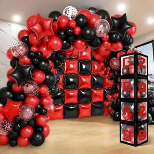 Seenelling Red Black 133 Pcs Graduation Decorations 2026 Set Red Black Balloons Boxes with Letters 2026 Grad Square Foil Balloons Complete Party Supplies for High School College Celebrations