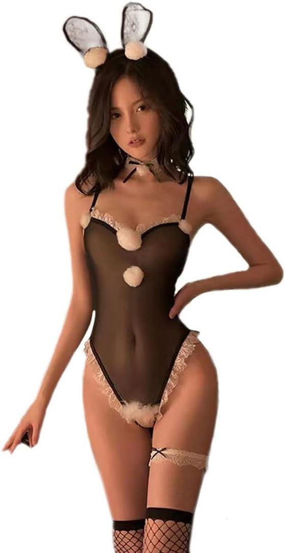 SNOMYRS Women's Sexy Bunny Roleplay Lingerie Perspective Mesh Plush Rabbit Set One Piece Bodysuit for Costume Cosplay Party