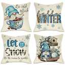 Fahrendom Hello Winter Blue Gnome Decorative Pillow Cover 17 x 17 Set of 4, It's Cold Outside Snowflakes Coffee Let It Snow Farmhouse Pillowcases, Christmas Buffalo Plaid Wooden Tiered Tray Decors