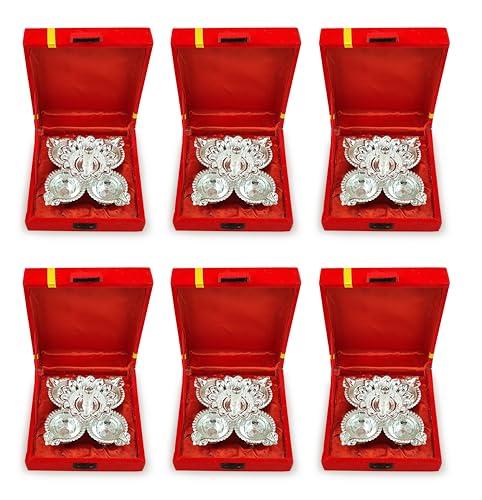 BENGALEN German Silver Diya Oil Lamp with Red Velvet Box Panchmukhi Dia Pooja Items Home Decoration Puja Gifts Handmade Diwali Gift Traditional Indian Dhanteras Deepawali Upahaar Pack of 6