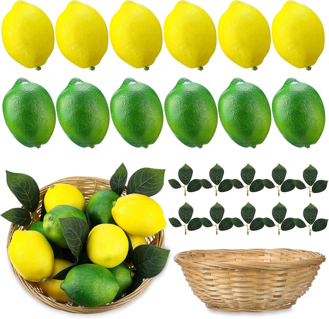 12 Pcs Fake Lemon Limes Artificial Fruits Yellow Green Faux Lemon Limes 3" x 2" Mix Set with 10 Leaves and 1 Woven Basket Lifelike Fake Fruits Decor for Kitchen Party Table Photo Prop