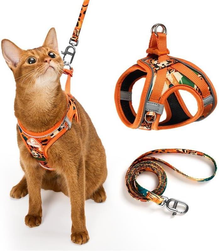 Cat Harness and Leash Set, Step-in Escape Proof Adjustable Vest Harness for Small Medium Large Cats, Lightweight Soft Breathable Reflective Kitten Harness, Easy to Wear for Walking Travel, Camping, M (M Chest: 45-50cm(17.7"-19.7"), Orange King of The Jungle)