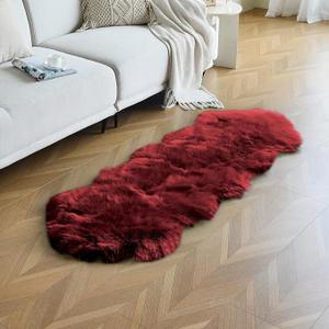 2 duduta Burgundy Faux Sheepskin Runner Rugs 2x6 ft, Fluffy Shag Bedroom Dorm Rugs Decor Fur Seat Couch Covers Washable