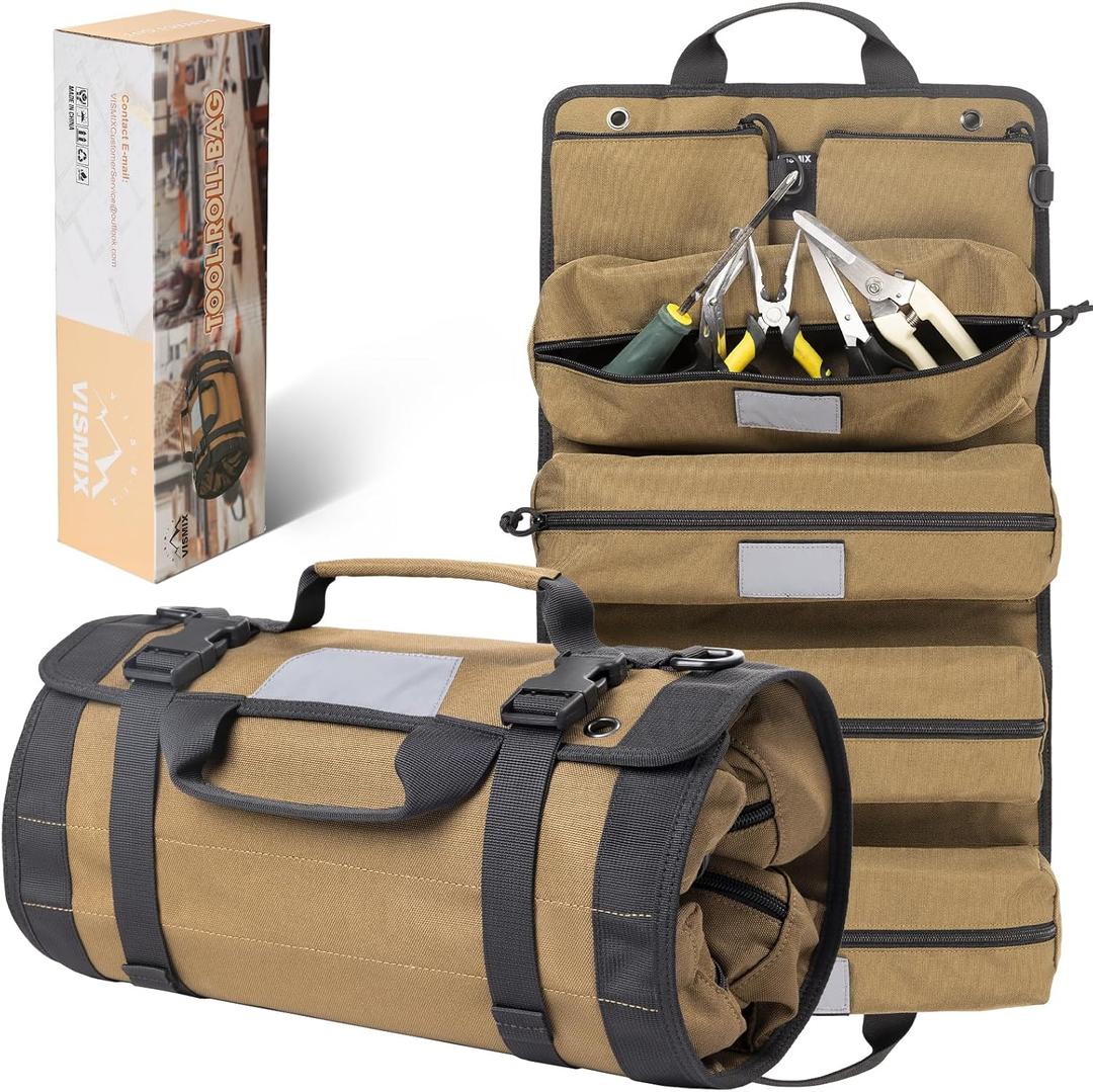 Tool Roll Bag Organizers- Heavy Duty Roll Up Tool Bag Organizer 6 Tool Pouches with Labeled, Small Tool Bag Removable Pouches, Gifts for Electrician,Carpenter, Plumber, Mechanic, Hobbyist (Coyote Brown)