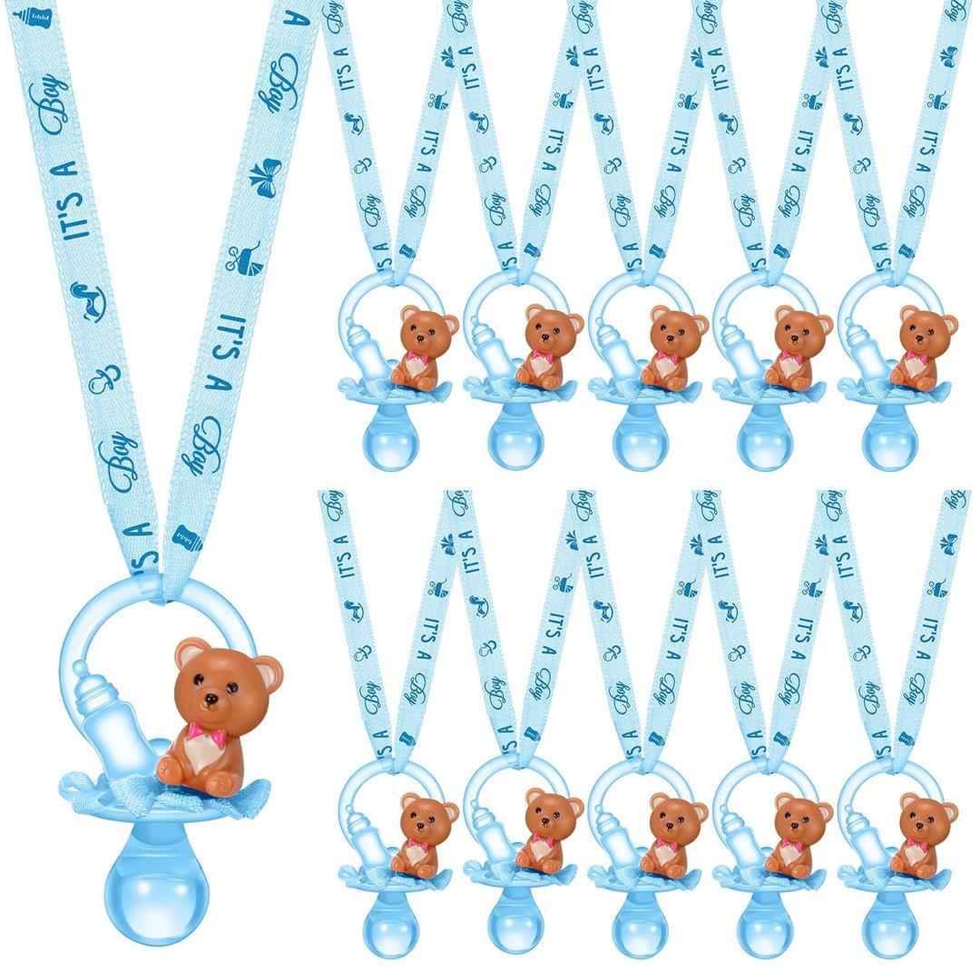 Coume 36 Pcs Shower Party Pacifiers Necklace Bear Bottle Acrylic Pacifiers Charm Pacifier Chain for Guests Gender Reveal Party Favors Prize Table Scatter(Cool,Blue)