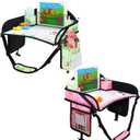 2PCS Kids Travel Tray, Car Seat Tray for kids Travel, Toddler Road Trip Essentials With Drawing Kit, Toddler Lap Desk Organizer for Car, Carseat Table for Airplane (Light Pink/Green-2PCS)