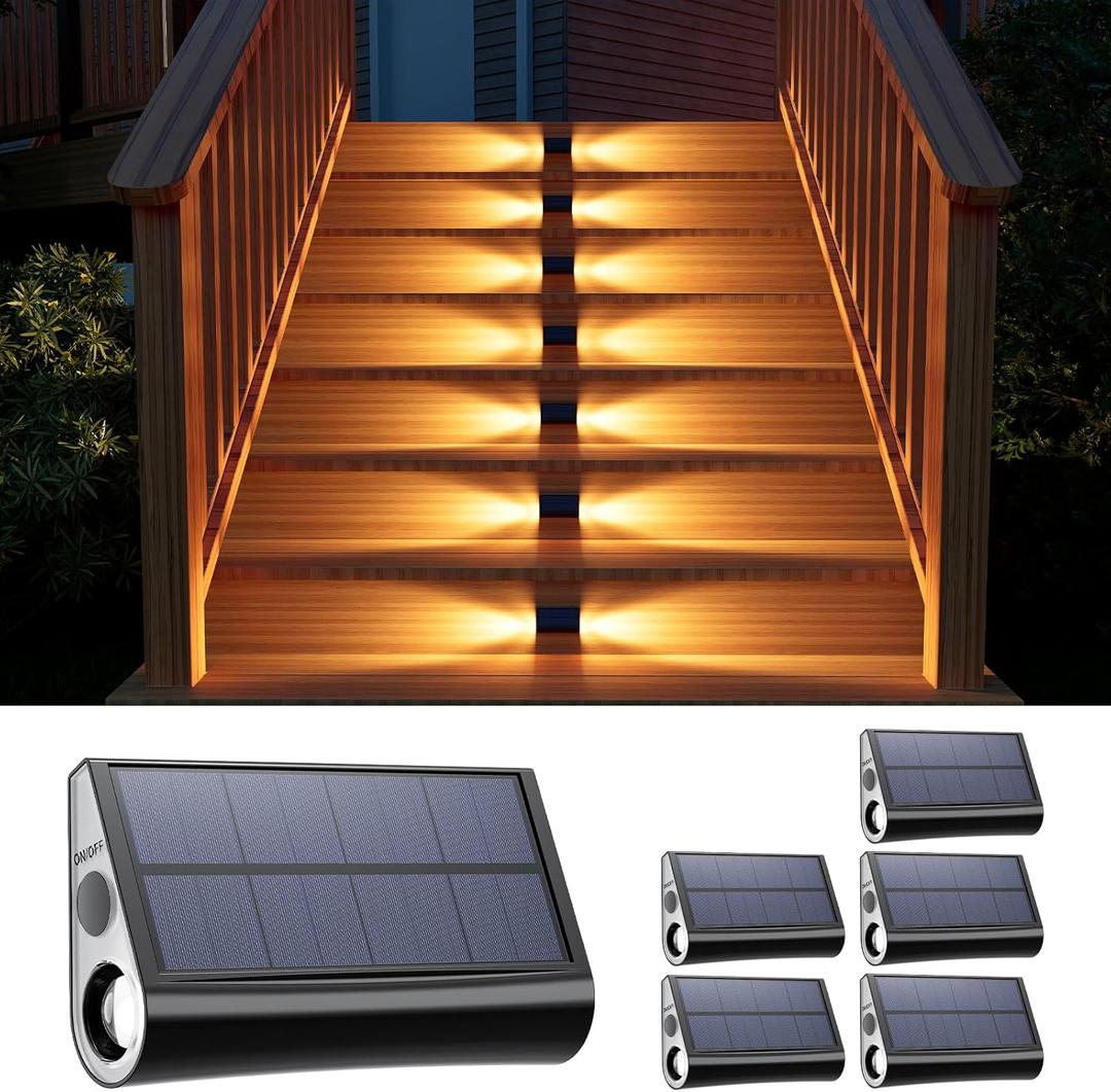6 Pack Solar Powered Step Lights Outdoor Waterproof LED for Deck Stair Safety Outside Decorative Lamp for Yard, Patio, Porch Railing, Pathway, Fence, 2 Sided Warm White Lighting for Enhanced Security