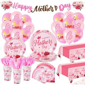 191Pcs Mother's Day Party Decorations Happy Mothers Day Party Supplies Tableware Set Include Paper Plates Napkins Cup Tablecloth Banner Best Mom Balloons Dinnerware for Mothers Day Serves 24 Guests
