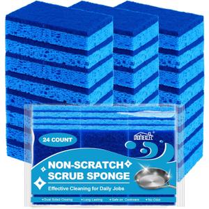 HOMEXCEL Sponges Kitchen 24pcs, Non-Scratch Scrub Dish Sponge Safe on Non-Stick Cookware, Dual Sided Cleaning Sponges for Kitchen, Household, Bathroom and More (Blue-rectangle)