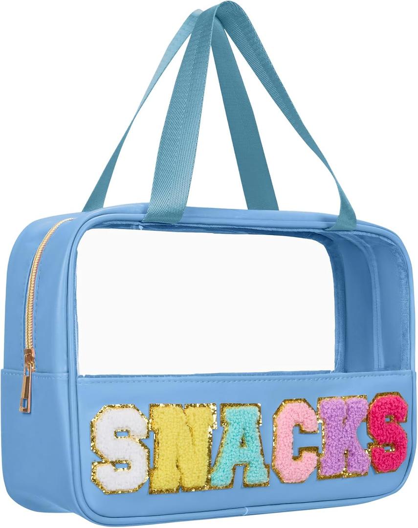 Snack Bags Chenille Letter Patch Clear Bag Snacks Bag for Travel, Preppy Cosmetic Bag Snacks Pouch with Zipper, Toiletry Bag for Traveling women, Clear Travel Bags for Toiletries (Blue-Snack)