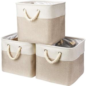 Robuy 3 Pack Storage Cube Bins Collapsible Sturdy cationic Fabric Storage Basket with Cotton Rope Handle For Organizing Shelf Nurery Home Colset 13x13x13 inch (White&Beige)