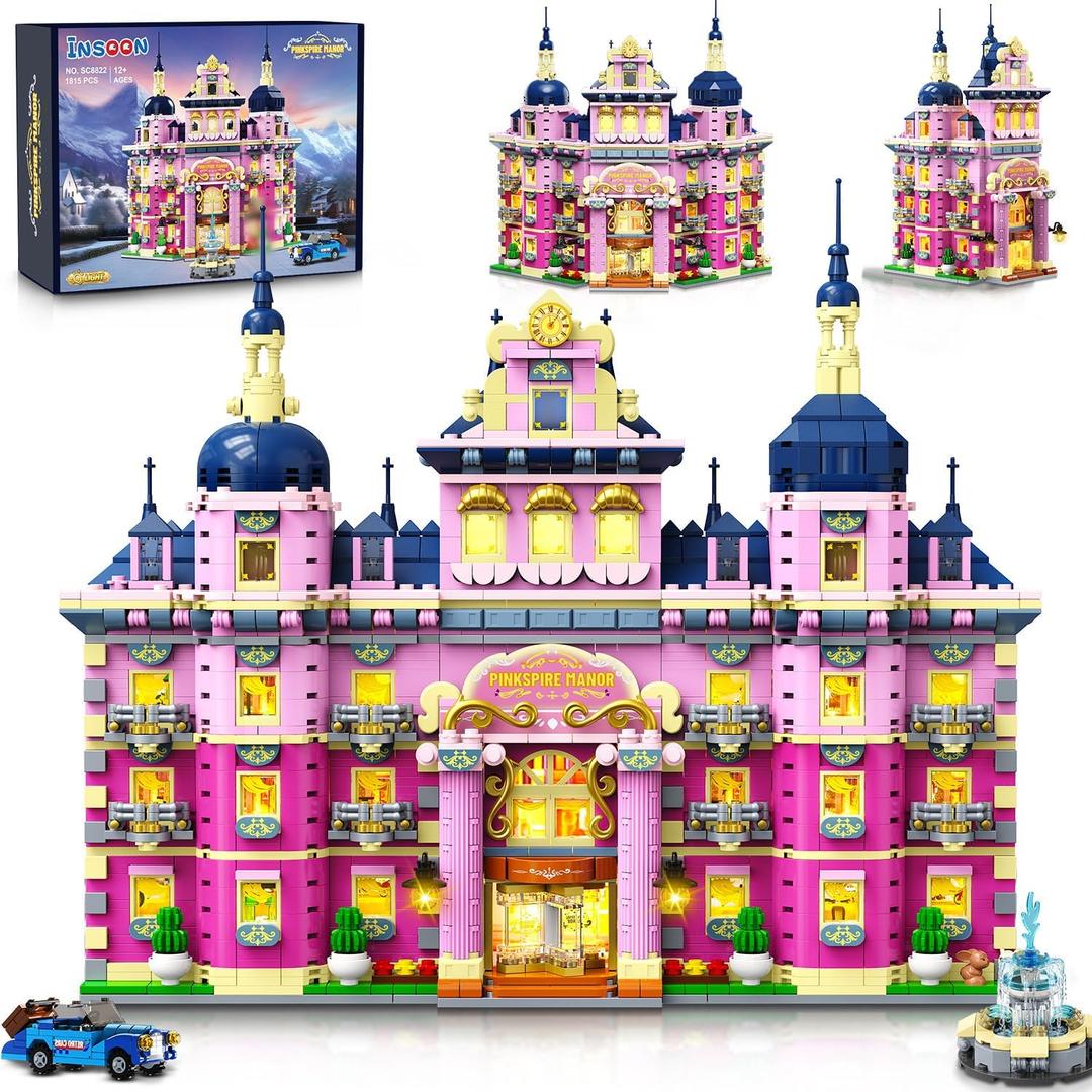 Pink Estate House Building Set with Lights, 3 Style Pinkspire Construction Model with Car Fountain, 1815 PCS Friends Villa Castle Building Block Kit Home Decor, Gift for Adults Boys Girls 8-12+