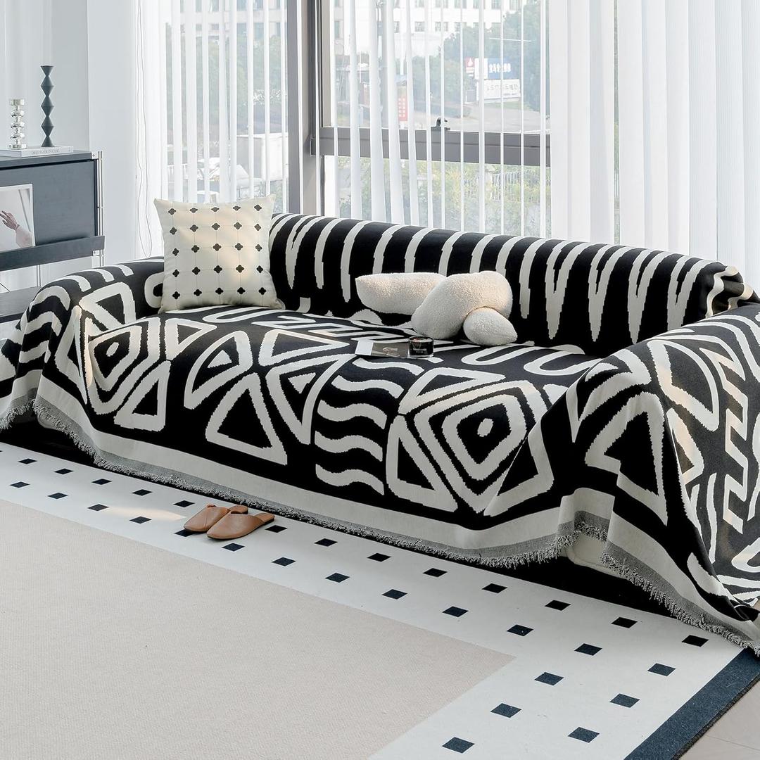 Boho Couch Cover Blanket for Sofa, Boho Chenille Sofa Cover Blanket,Boho Sofas Throw Cover, Chenille Blanket Couch Throw Covers for 2-3 Cushion Couch Pet Friendly Washable(Black, 71"x 118")