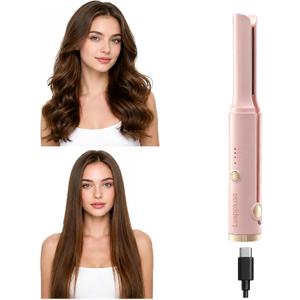 2 x Portable Hair Straightener & Curler 2 in 1, Mini Size, Pink | Cordless, USB Rechargeable, 2600mAH Battery, Ceramic, For Women & Men