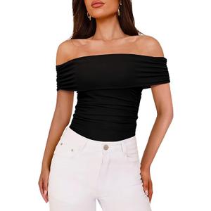 REORIA Womens Bodysuit Sexy Off Shoulder Mesh Leotard Thong Body Suits Outfits for Going Out Tops (Small)