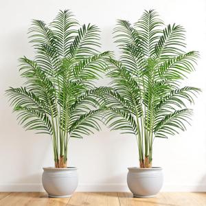 Artificial Palm Tree 6ft Tall Fake Palm Tree Indoor Decor with 18 Trunks and Real Bark Design Faux Tropical Areca Palm Silk Floor Plant in Pot for Home Office Living Room Bedroom Decor 2pcs