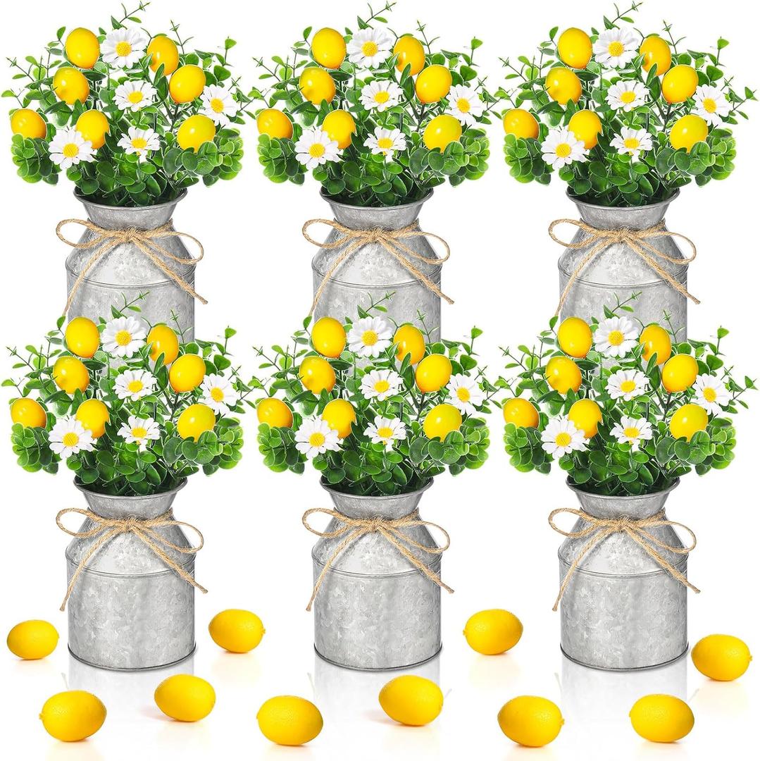 Mimorou 6 Sets Artificial Potted Lemon Decor Fake Fruit Lemon Flowers Table Centerpiece Faux Summer Kitchen Vases Tiered Tray Decor Farmhouse Plant for Indoor Outdoor Home Bathroom Dining