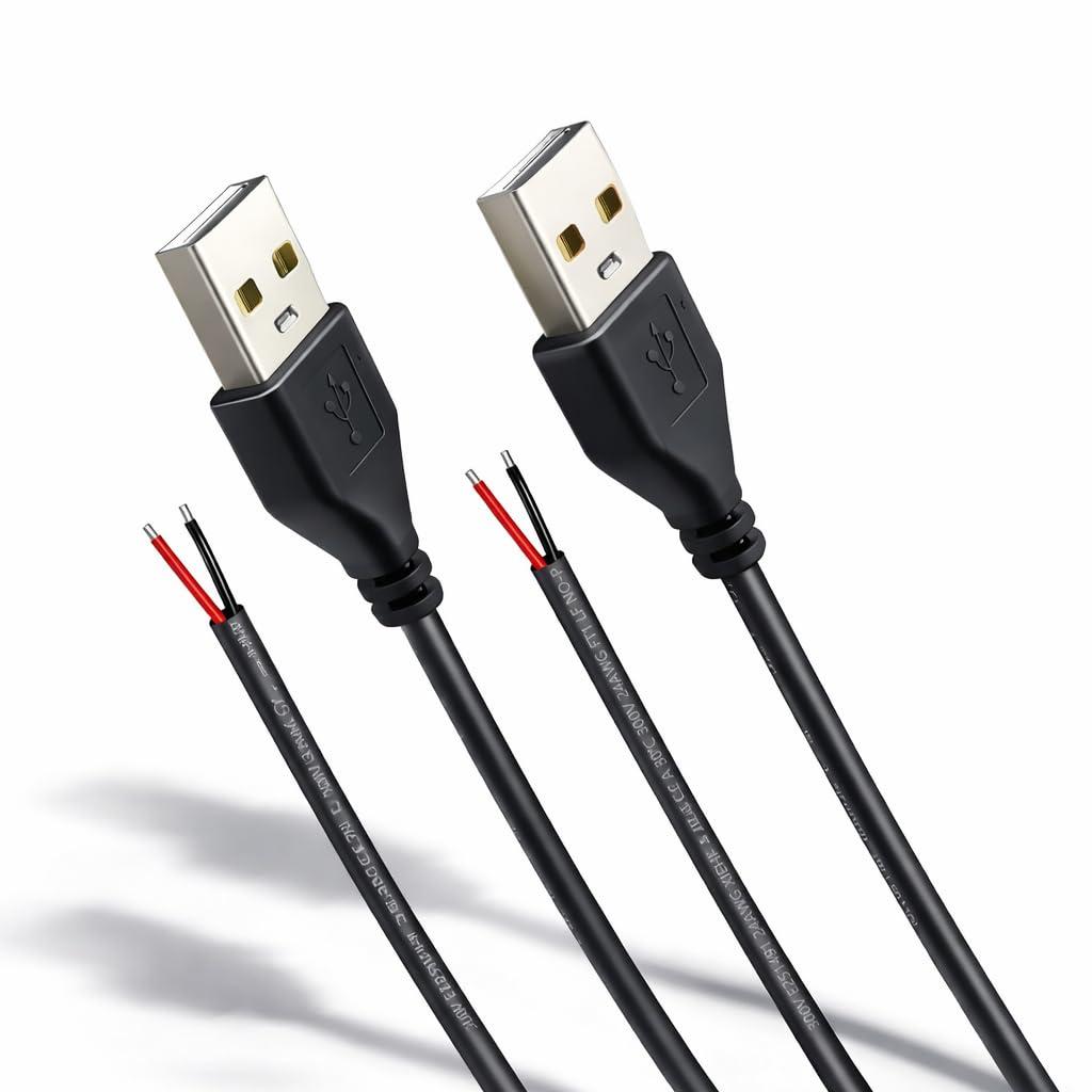 USB Pigtail Cable USB Power Cable Wire,1.64ft 24AWG 2A 5V,DIY Repair Kit,Bare Wire Open End,Pure Copper, Black,2-Pack