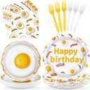 96Pcs Breakfast Birthday Decorations Bacon Fried Egg Plates and Napkins Xmas Brunch Theme Birthday Decoration Favors for Kids Adults Bday Baby Shower BBQ Picnic Holiday Party Supplies Serves 24